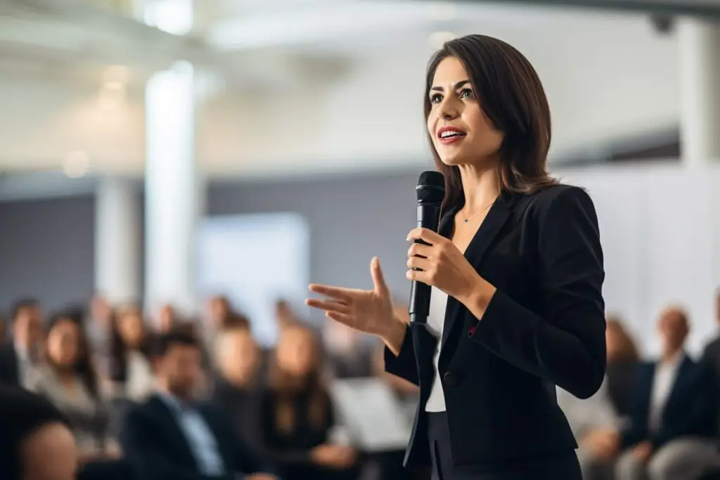 Vecteezy Ai Generated Female Speaker Giving A Talk On Corporate 36022732 (nxpowerlite)